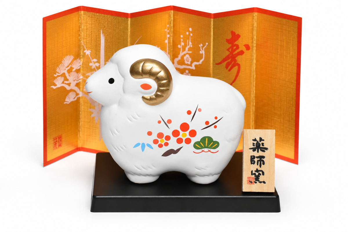 2027 Sheep Zodiac Figurine — White Ram with Floral Design (