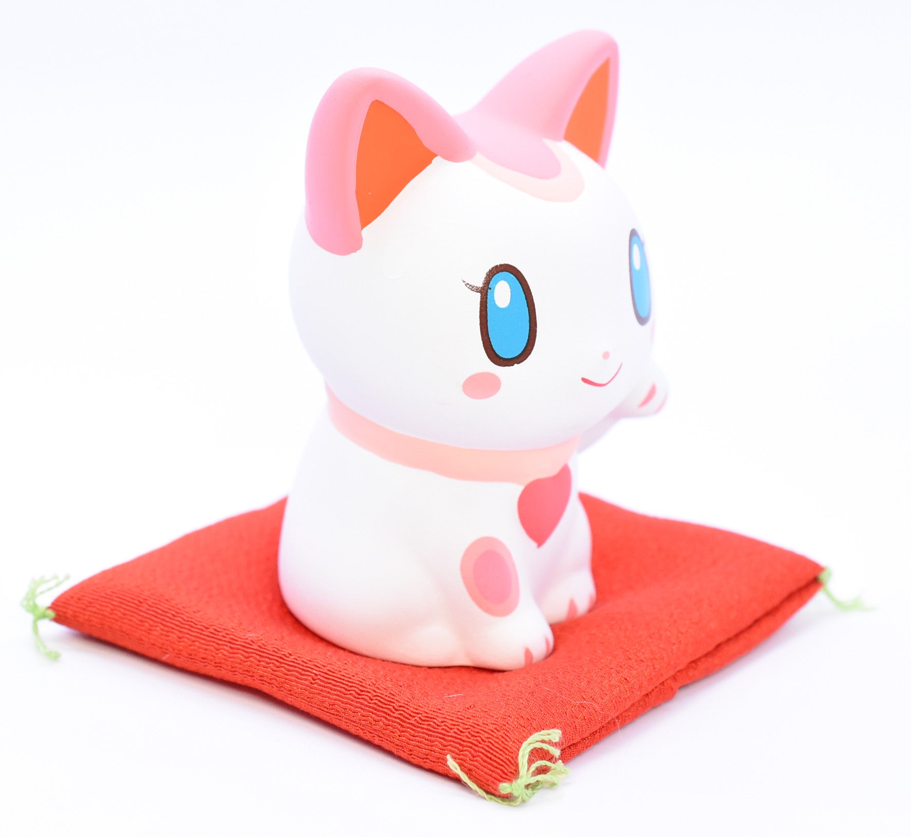 Maneki Neko white color pink and red ears Beckoning Cat Lucky cat for Good luck H8.0cm 7698