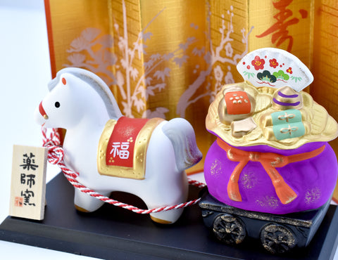 Japanese Zodiac Horse Figurine with Treasure Bag | Good Luck & Prosperity Ornament H8cm/H10cm Horse-#47