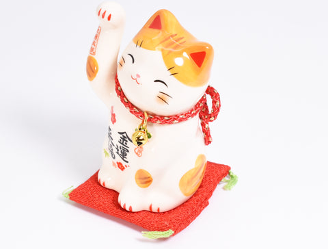 Maneki Neko white orange color Beckoning Cat Lucky cat for Money luck H7.5cm 7859