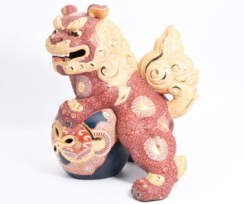 Ball-riding lion figurine Kutani Yaki Karajishi ceramic Gold and Red color 29cm height 2.4kg weight vintage
