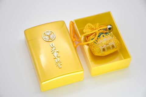 Japanese OMAMORI AMULET CHARM incense omamori yellow gold with plastic box from Nikko Toshogu Shrine Japan - Omamori Charm Heritage Japan