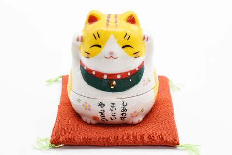 Maneki Neko Yellow White color together with Black cat inside Beckoning Cat Lucky cat for good luck H7.0cm H4.5cm 7322