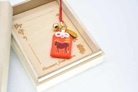 Japanese OMAMORI AMULET CHARM for Japanese Zodiac "Ox" red from Enshu Sigisan from Japan - Omamori Charm Heritage Japan