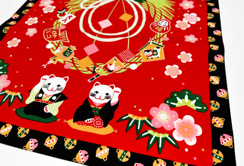 Maneki Neko Beckoning Cat ans Sakura design Red/Black Furoshiki traditional Japanese wrapping cloths made in Japan