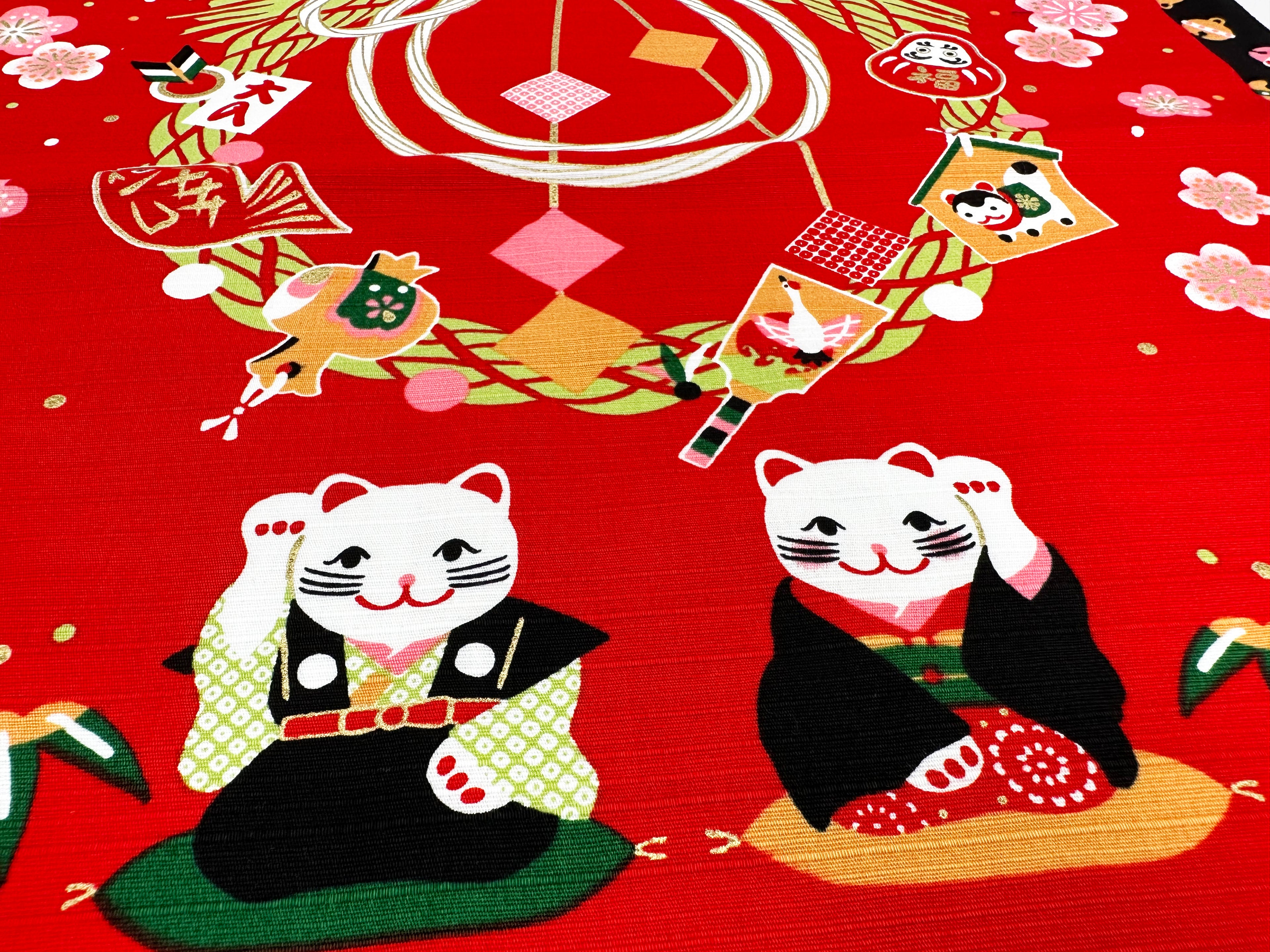 Maneki Neko Beckoning Cat ans Sakura design Red/Black Furoshiki traditional Japanese wrapping cloths made in Japan