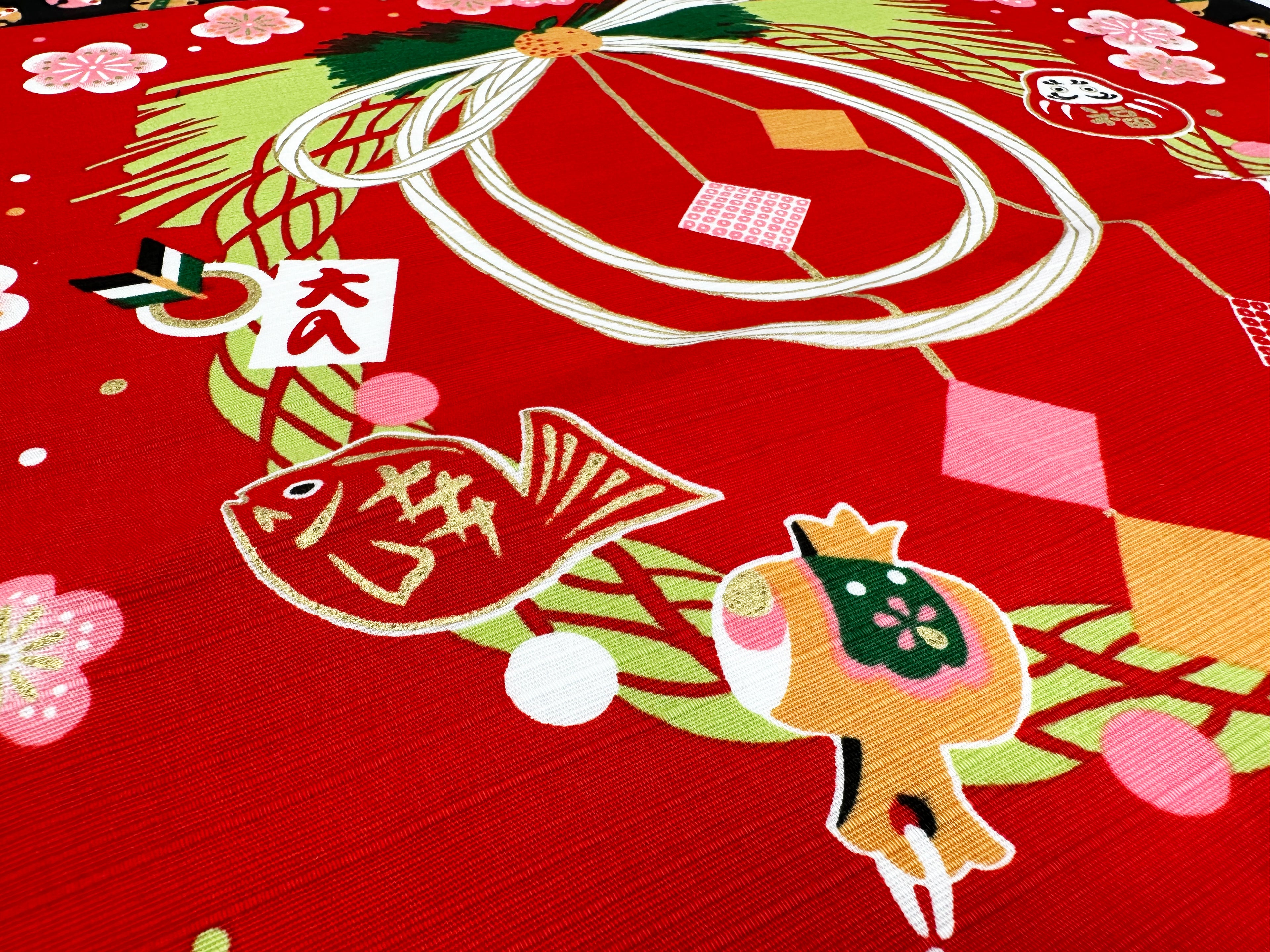 Maneki Neko Beckoning Cat ans Sakura design Red/Black Furoshiki traditional Japanese wrapping cloths made in Japan