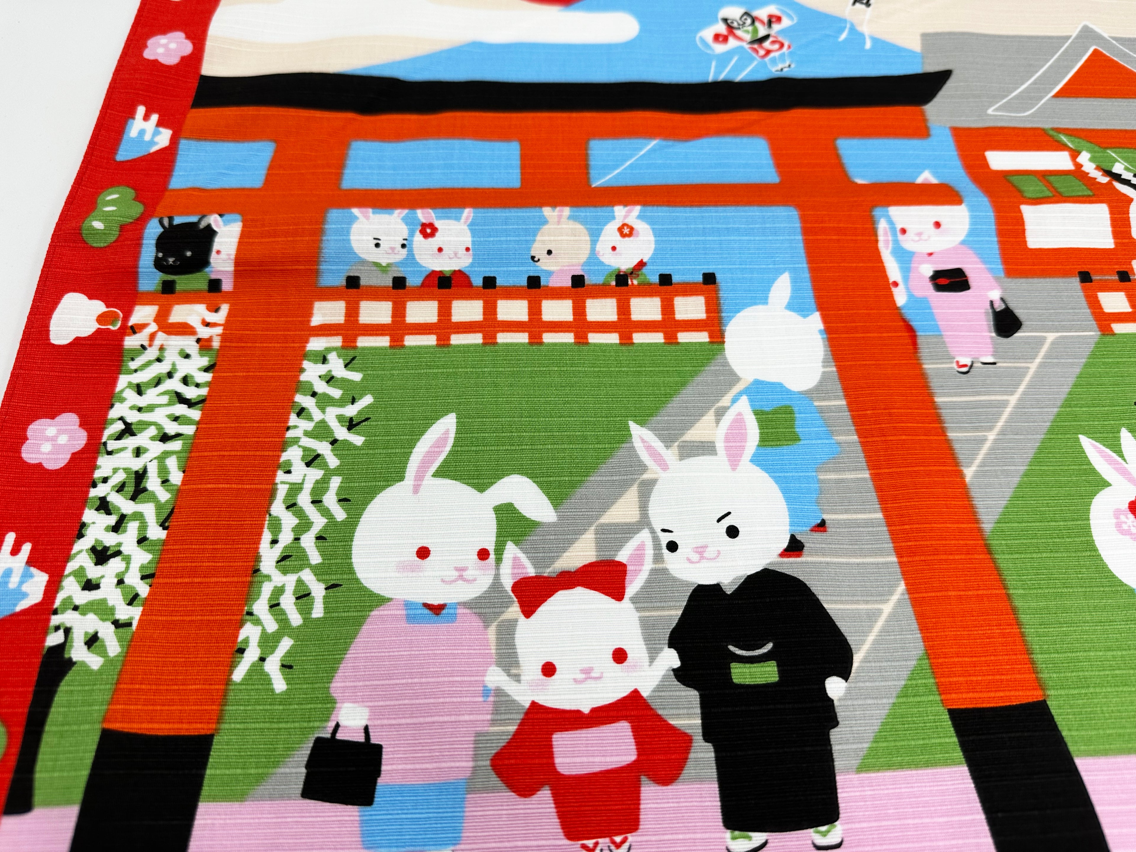 Japanese shrine and Mt. Fuji with Rabbits Furoshiki traditional Japanese wrapping cloths made in Japan