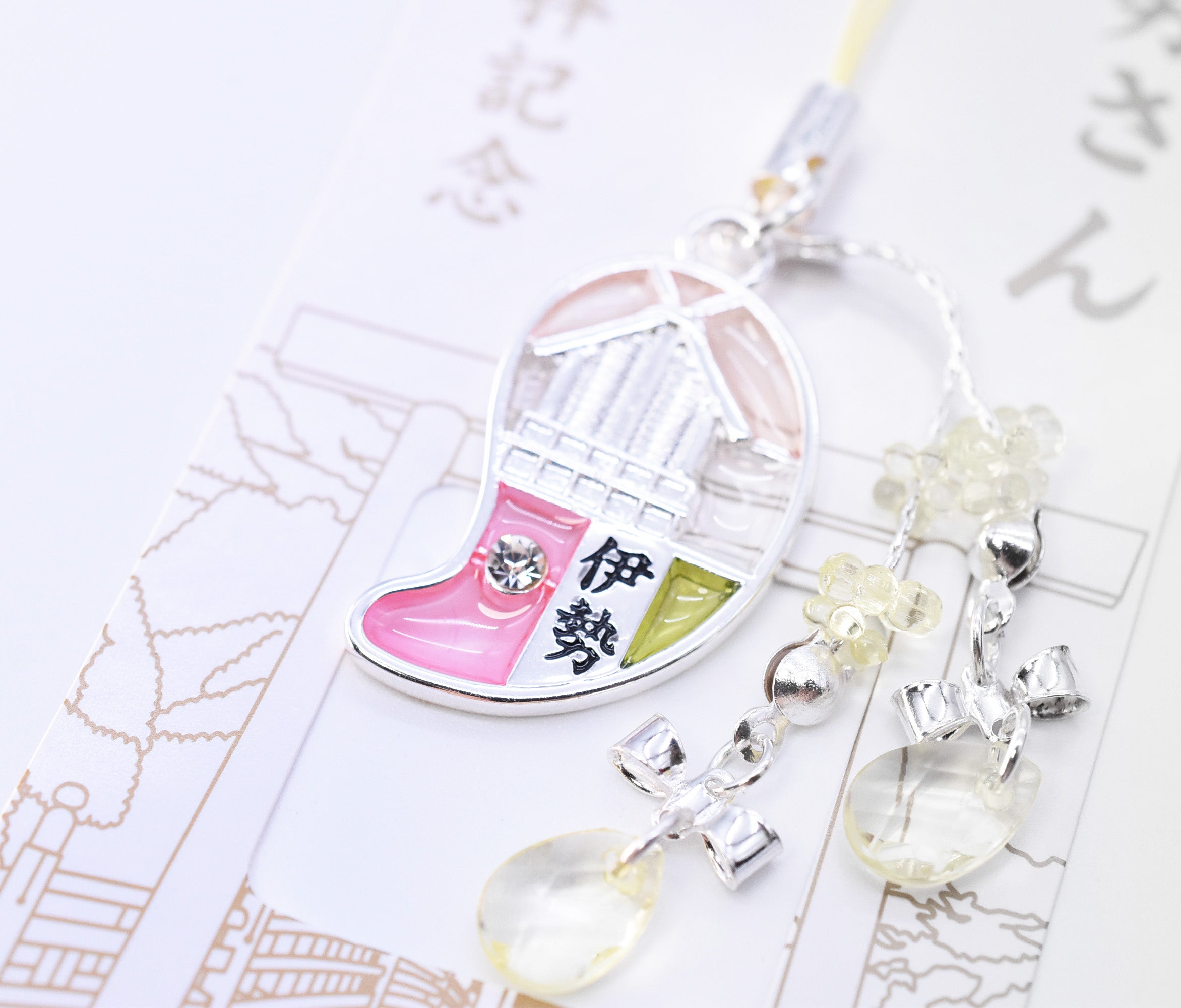 Japanese Charm Strap (Oise san) Silver and Pink color from Ise Shrine Japan
