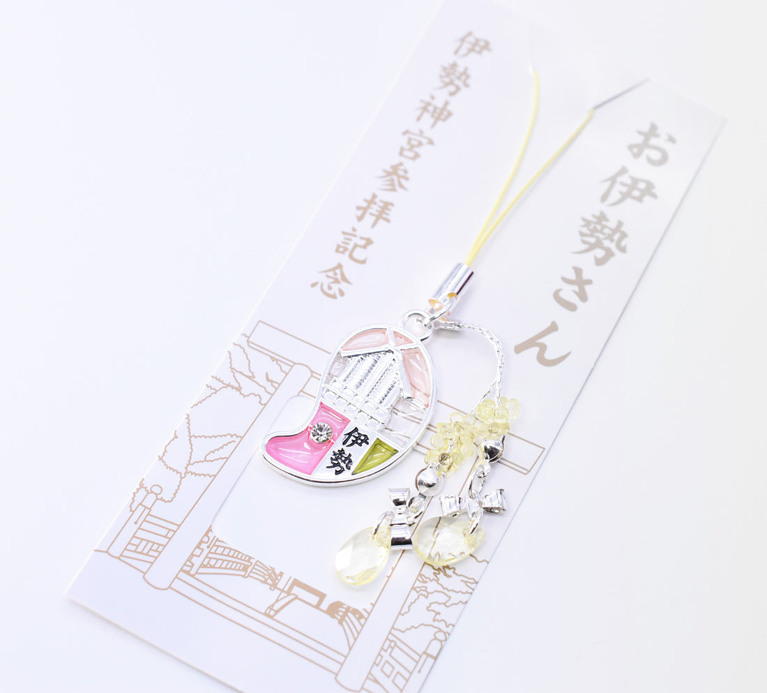 Japanese Charm Strap (Oise san) Silver and Pink color from Ise Shrine Japan