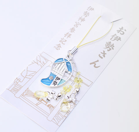 Japanese Charm Strap "Oise san" Silver and Light Blue color from Ise Shrine Japan