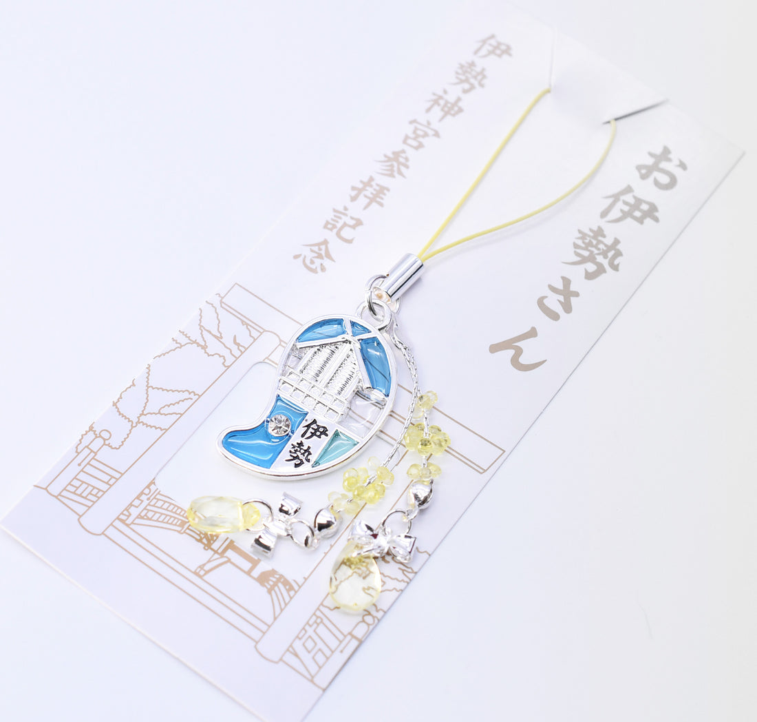 Japanese Charm Strap (Oise san) Silver and Light Blue color from Ise Shrine Japan