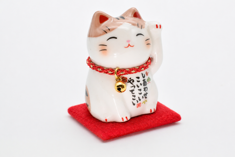 Maneki Neko Brown pink and White color Beckoning Cat Lucky cat for good luck H6cm 7535