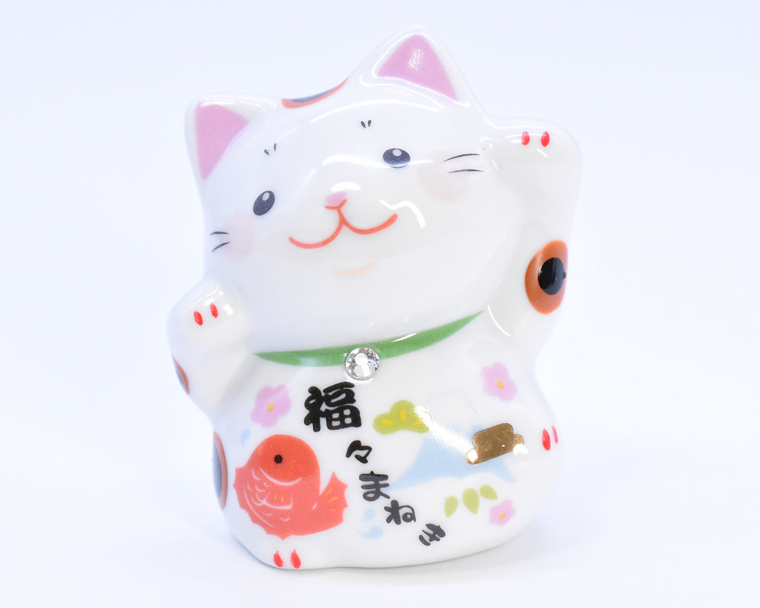 Maneki Neko white color Sea bream and Mt.Fuji design Beckoning Cat Lucky cat for Good luck H6.0cm K5318