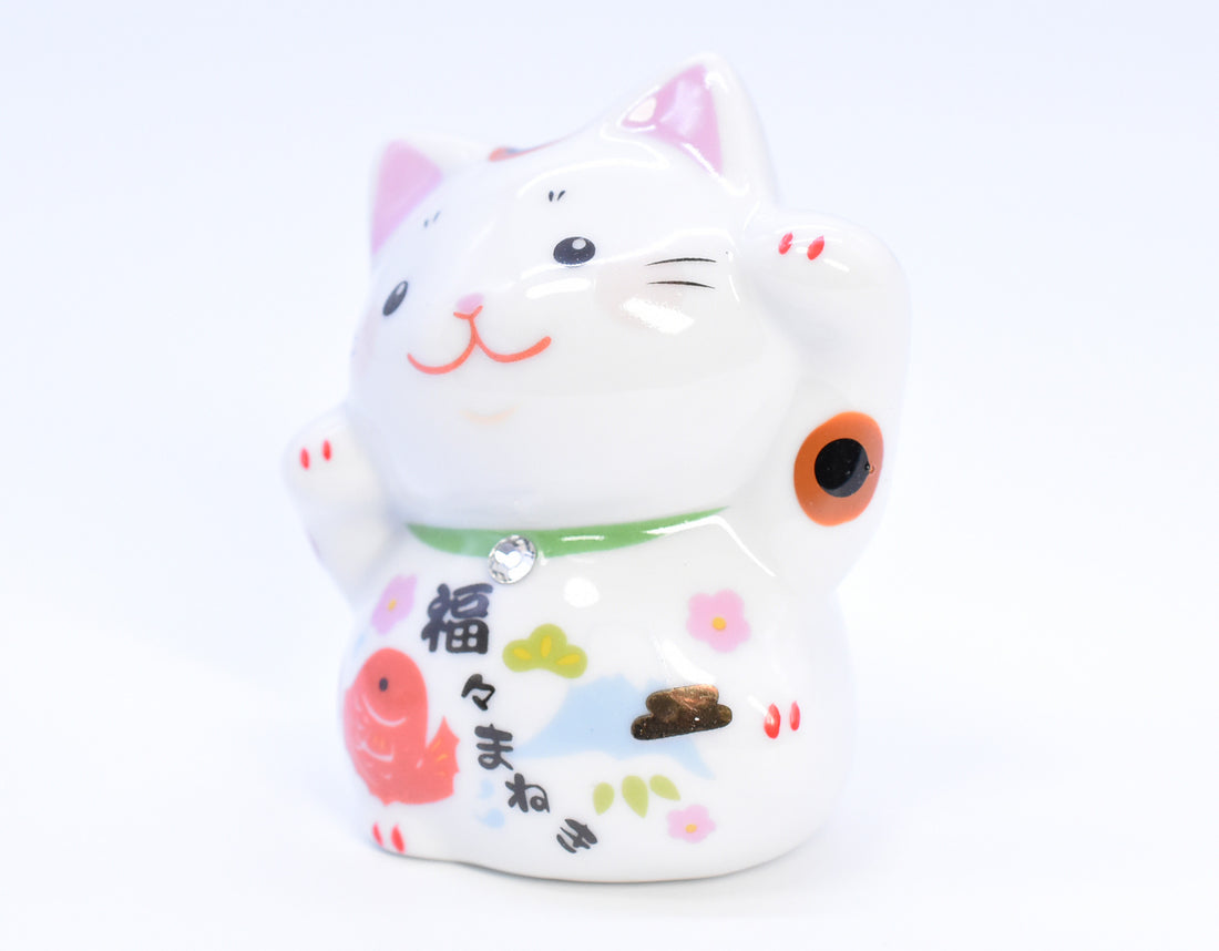 Maneki Neko white color Sea bream and Mt.Fuji design Beckoning Cat Lucky cat for Good luck H6.0cm K5318