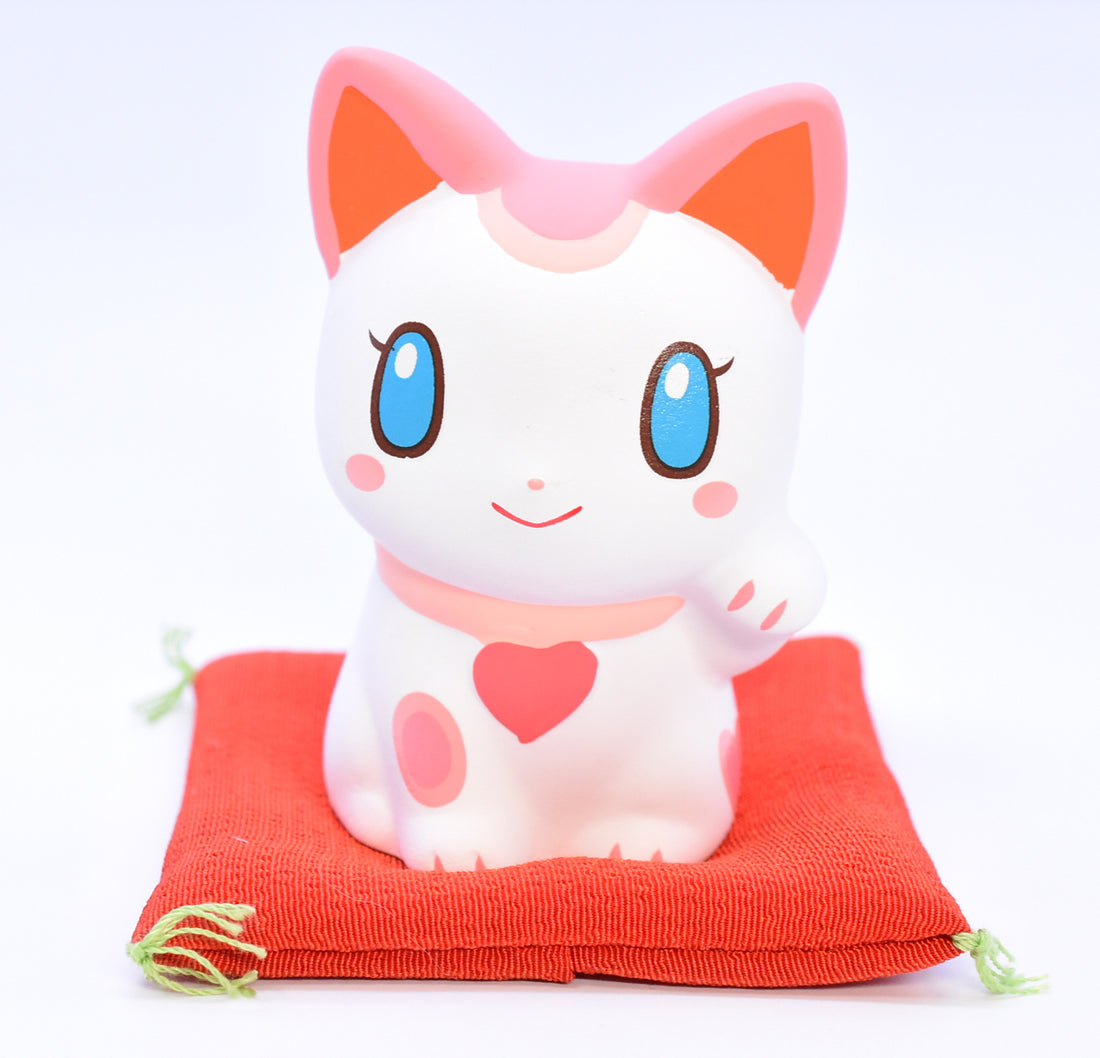 Maneki Neko white color pink and red ears Beckoning Cat Lucky cat for Good luck H8.0cm 7698