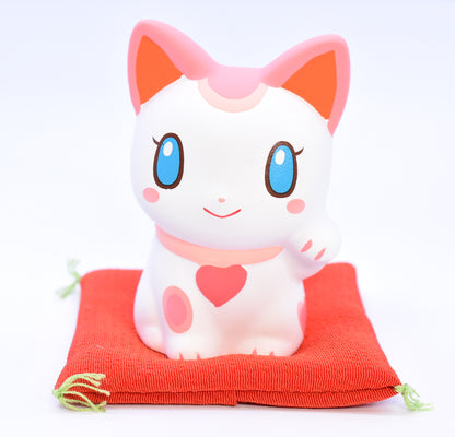 Maneki Neko white color pink and red ears Beckoning Cat Lucky cat for Good luck H8.0cm 7698