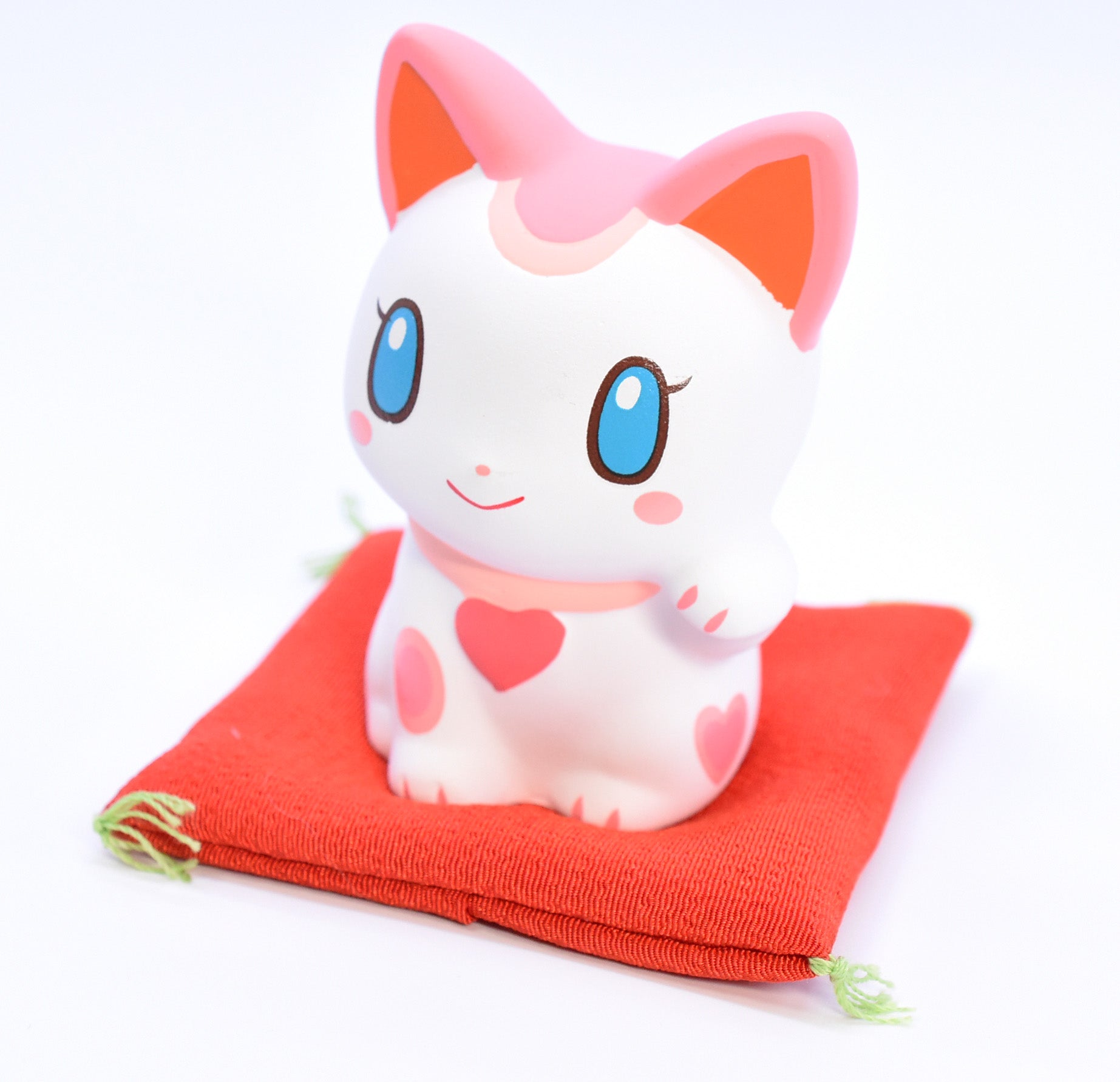 Maneki Neko white color pink and red ears Beckoning Cat Lucky cat for Good luck H8.0cm 7698