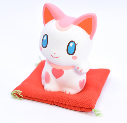 Maneki Neko white color pink and red ears Beckoning Cat Lucky cat for Good luck H8.0cm 7698