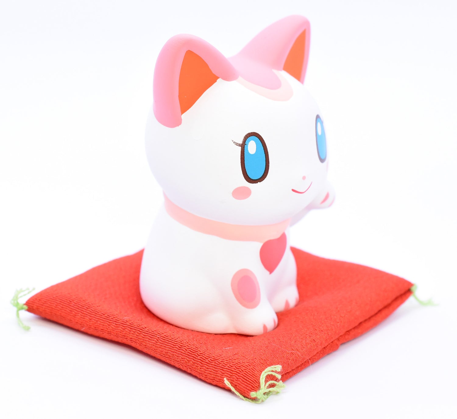 Maneki Neko white color pink and red ears Beckoning Cat Lucky cat for Good luck H8.0cm 7698