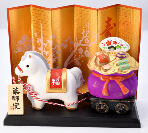Japanese Zodiac Horse Figurine with Treasure Bag | Good Luck & Prosperity Ornament H8cm/H10cm Horse-#47
