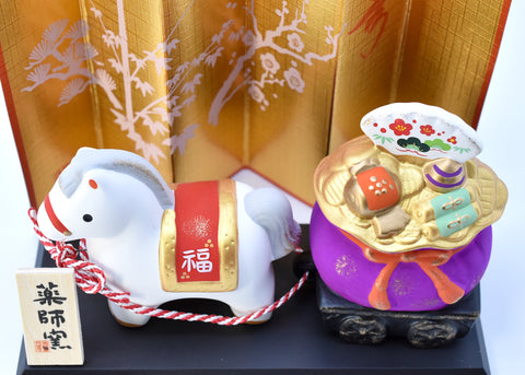 Japanese Zodiac Horse Figurine with Treasure Bag | Good Luck & Prosperity Ornament H8cm/H10cm Horse-#47