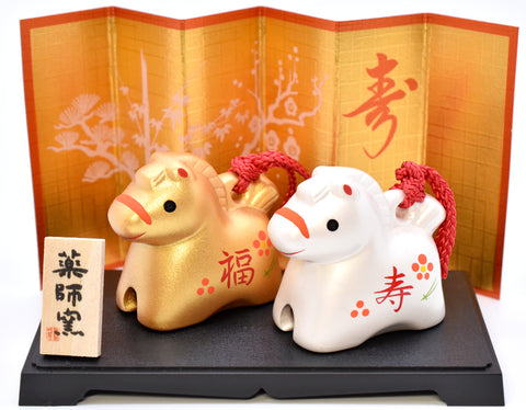 Japanese Zodiac Horse Bell Set “Fuku & Kotobuki” | Good Luck & Prosperity Ornament H4.5cm Horse-#69