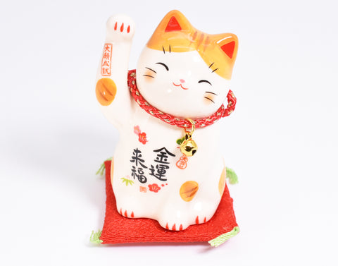 Maneki Neko white orange color Beckoning Cat Lucky cat for Money luck H7.5cm 7859