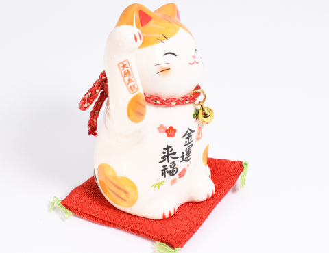 Maneki Neko white orange color Beckoning Cat Lucky cat for Money luck H7.5cm 7859