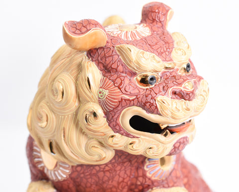 Ball-riding lion figurine Kutani Yaki Karajishi ceramic Gold and Red color 29cm height 2.4kg weight vintage