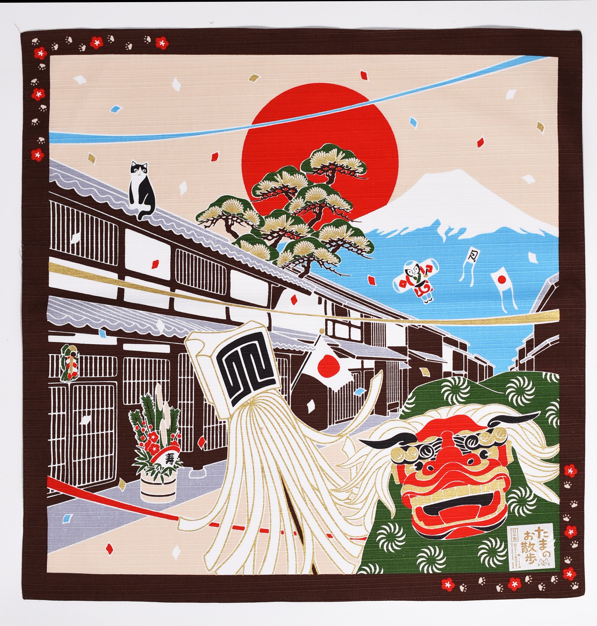 Santuário japonês e Monte Fuji com coelhos para o ano novo Furoshiki, panos de embrulho tradicionais japoneses feitos no Japão
