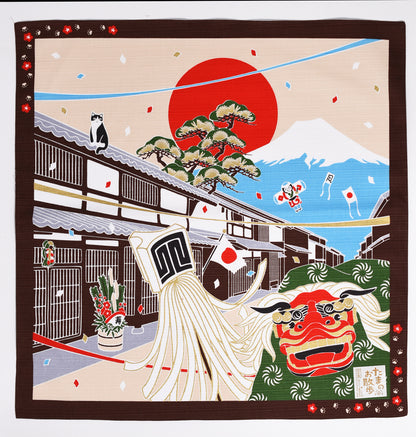 Santuário japonês e Monte Fuji com coelhos para o ano novo Furoshiki, panos de embrulho tradicionais japoneses feitos no Japão