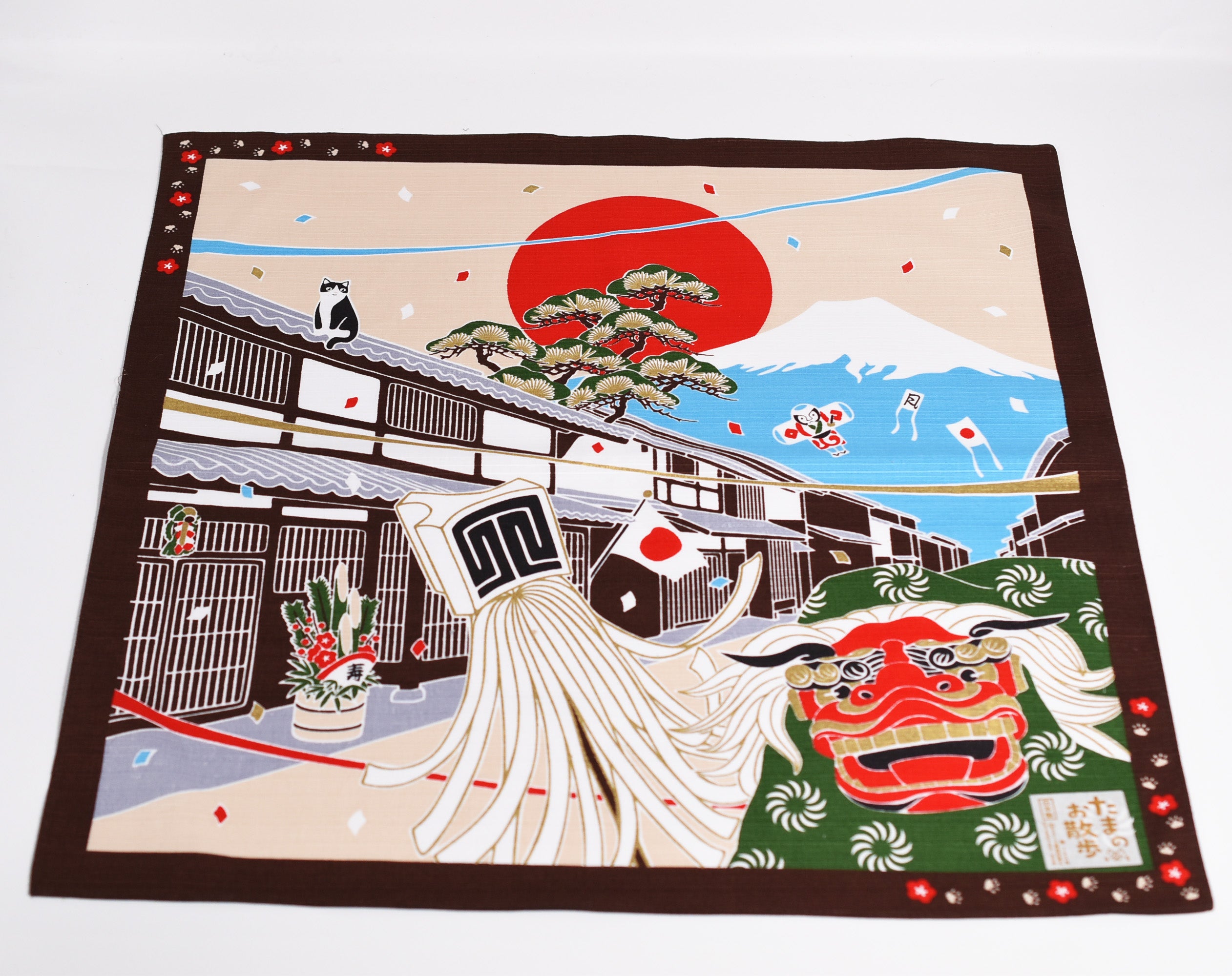 Santuário japonês e Monte Fuji com coelhos para o ano novo Furoshiki, panos de embrulho tradicionais japoneses feitos no Japão