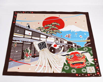 Santuário japonês e Monte Fuji com coelhos para o ano novo Furoshiki, panos de embrulho tradicionais japoneses feitos no Japão