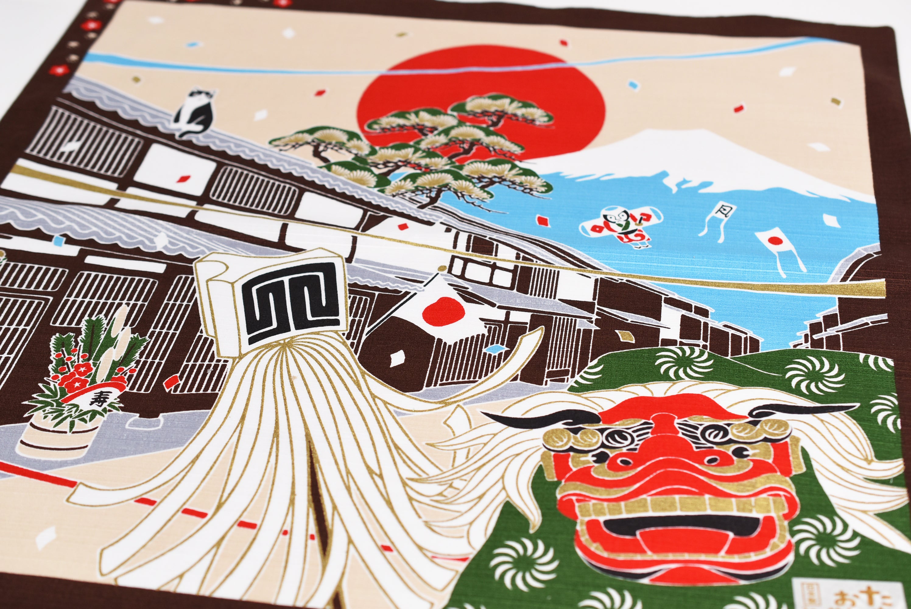 Santuário japonês e Monte Fuji com coelhos para o ano novo Furoshiki, panos de embrulho tradicionais japoneses feitos no Japão
