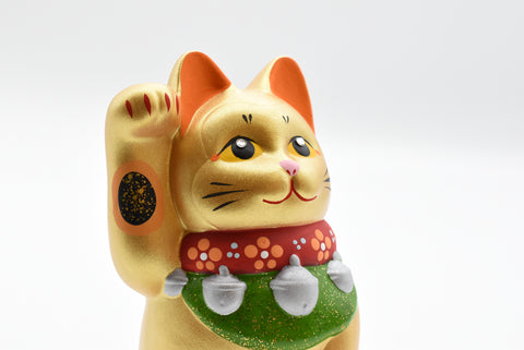 Maneki Neko Gatto che fa cenno color oro Gatto fortunato porta fortuna H13,5 cm K6101
