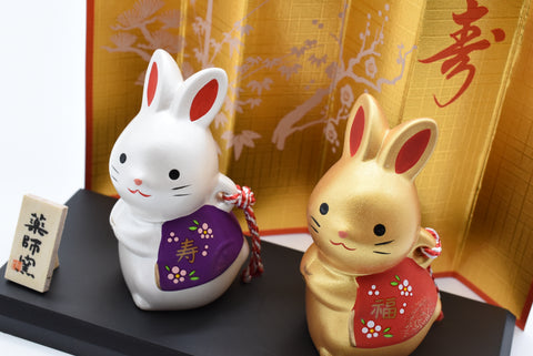 Happy Rabbit/Conejo de Año Nuevo Set de color dorado y blanco para la buena suerte H8.0cm #60