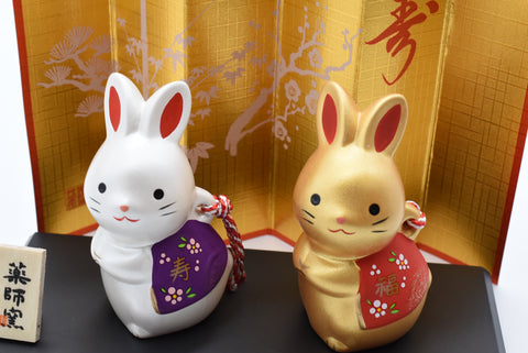 Happy Rabbit/Conejo de Año Nuevo Set de color dorado y blanco para la buena suerte H8.0cm #60