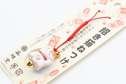 Japanese OMAMORI AMULET CHARM "Good luck/Money Luck Maneki Neko White" Strap type 7349