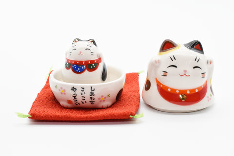 Maneki Neko Colore bianco insieme al gatto bianco all'interno Gatto che fa cenno Gatto portafortuna H7.0cm H4.5cm 7321