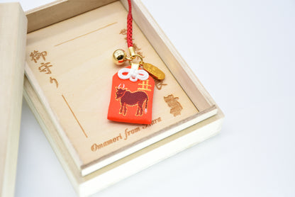 Japanese OMAMORI AMULET CHARM for Japanese Zodiac "Ox" red from Enshu Sigisan from Japan - Omamori Charm Heritage Japan