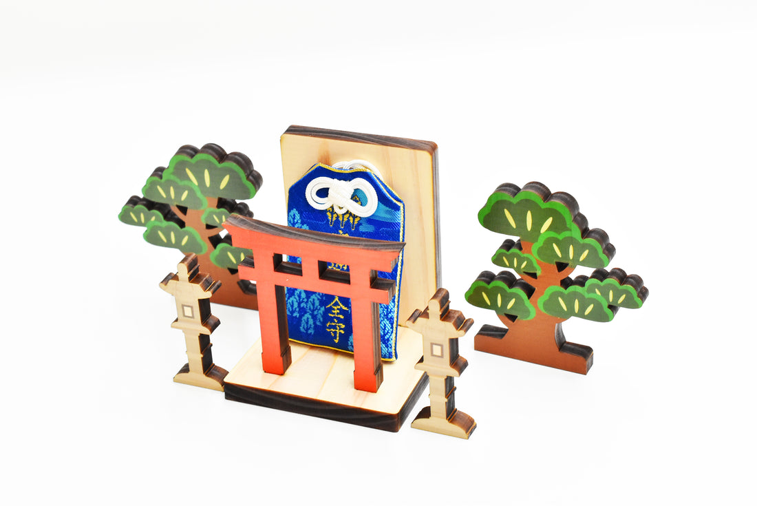 OMAMORI and Ofuda alter Kamidana Stand Small Shrine Torii Omamori pray small kamidana Tree and Toro set