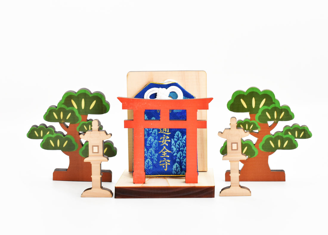 OMAMORI and Ofuda alter Kamidana Stand Small Shrine Torii Omamori pray small kamidana Tree and Toro set