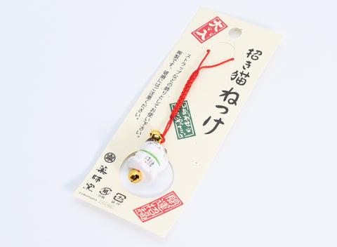 Japanese OMAMORI AMULET CHARM "Good luck/Money Luck Maneki Neko White Green" Strap type 7148