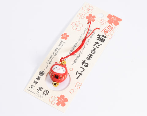 Japanese OMAMORI AMULET CHARM "Good luck/Money Luck Daruma Neko Red" Strap type 7822