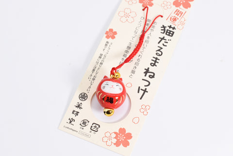 Japanese OMAMORI AMULET CHARM "Good luck/Money Luck Daruma Neko Red" Strap type 7822
