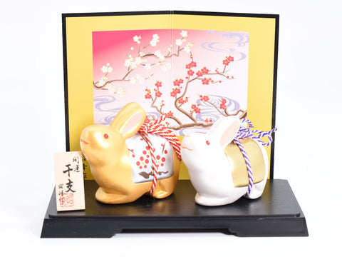 Happy Rabbit /New Year Rabbit Gold and Silver color set for good luck H7.3cm&H6.6cm S136