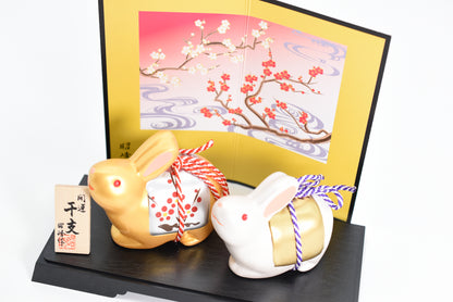 Happy Rabbit /New Year Rabbit Gold and Silver color set for good luck H7.3cm&amp;H6.6cm S136