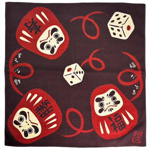 Happy Daruma and Dice brown design Furoshiki traditional Japanese wrapping cloths made in Japan