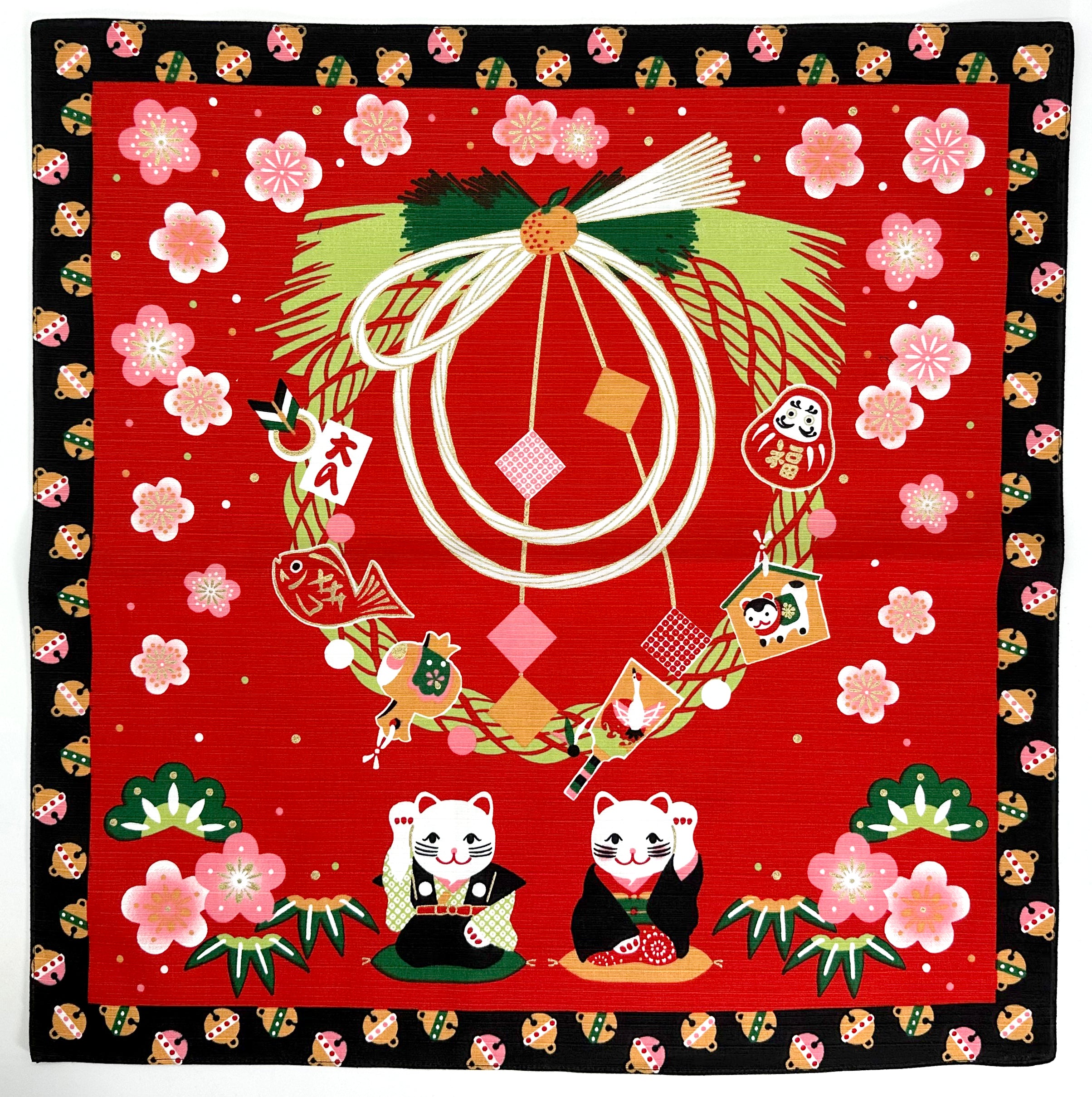 Santuário japonês e Monte Fuji com coelhos para o ano novo Furoshiki, panos de embrulho tradicionais japoneses feitos no Japão